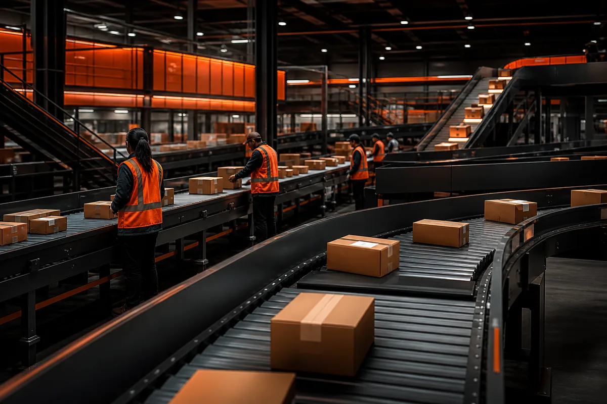 Modern parcel sorting hub with conveyor belts and packages